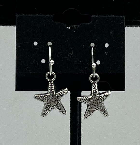 Silvertone Textured Starfish Charm Dangle Earrings with Sterling Silver Hooks