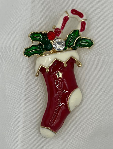 Goldtone Red and White Enamel Christmas Stocking with Candy Cane Pin Brooch