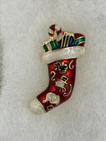 Multicolor Enamelled Christmas Stocking with Snowman and Santa Pin Brooch