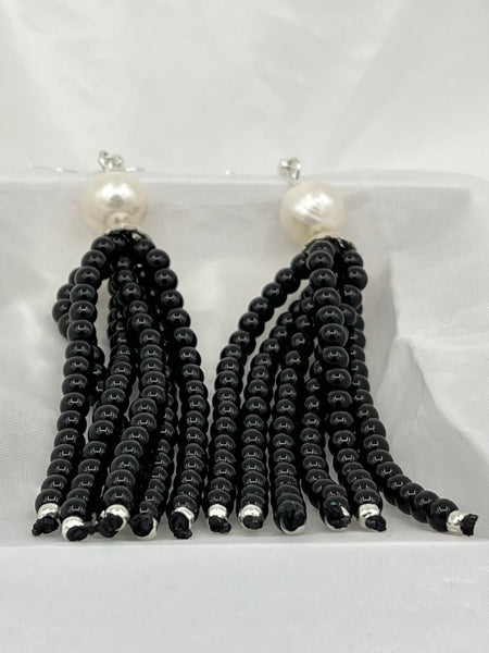 Natural Black Agate and Pearl Gemstone Beaded Tassel Sterling Silver Earrings
