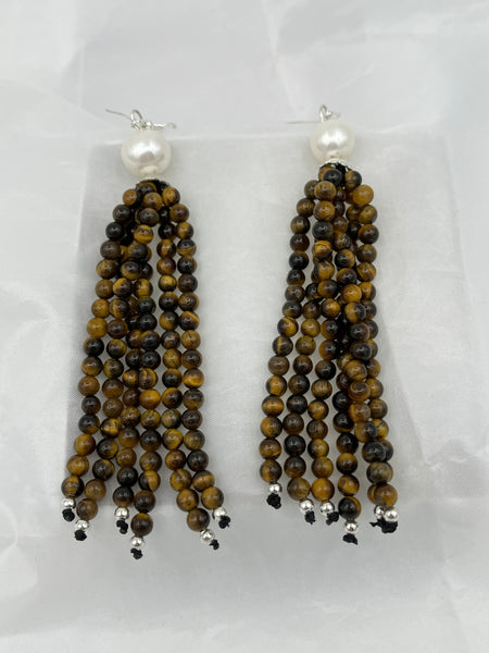 Natural Tiger Eye and Pearl Gemstone Beaded Tassel Sterling Silver Earrings