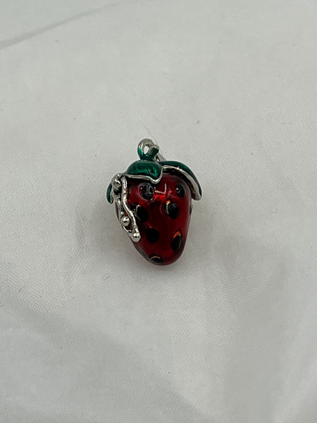 Silver Tone and Enamel Pink and Green Dainty 3D Strawberry Prayer Box Pendant