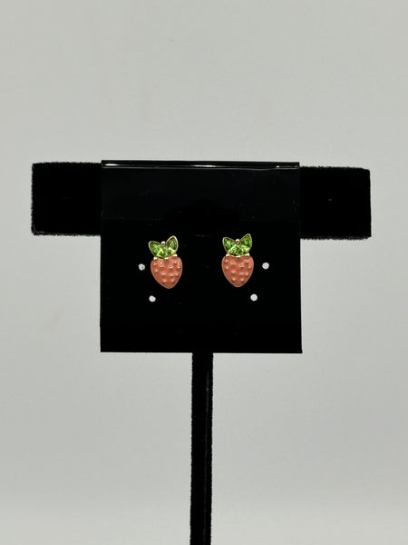 Cute Silver Tone and Red Crystal Strawberry Stud Post Earrings