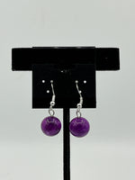 Natural Sugilite Gemstone 12 MM Round Beaded Sterling Silver Dangle Earrings