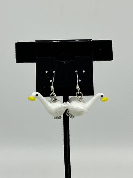 Lampworked Glass 3D White Swan Sterling Silver Dangle Earrings