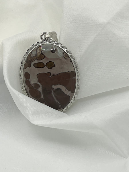 Natural Tan Jasper Gemstone Large Oval Cabochon Pendant in Silvertone Setting