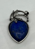Natural Lapis Gemstone Teardrop Cabochon Pendant With Silvertone Dragonfly