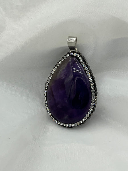 Natural Amethyst Gemstone Teardrop Cabochon Pendant in Silvertone CZ Setting