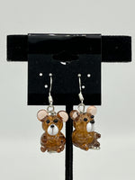 Lampworked Glass 3D Brown and White Teddy Bear Sterling Silver Dangle Earrings