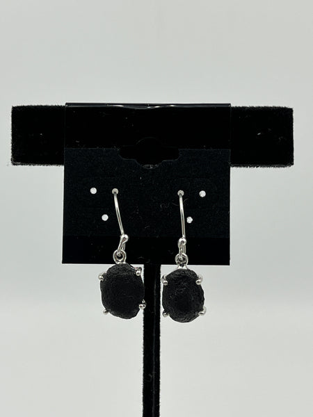 Natural Rough Black Tektite Gemstone Freeform Sterling Silver Dangle Earrings