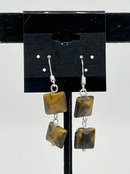 Natural Tiger Eye Gemstone Faceted Square Beaded Sterling Silver Dangle Earrings