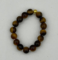 Natural Tiger Eye Gemstone and Gold Tone Accent Beaded Adjustable Stretch Ring