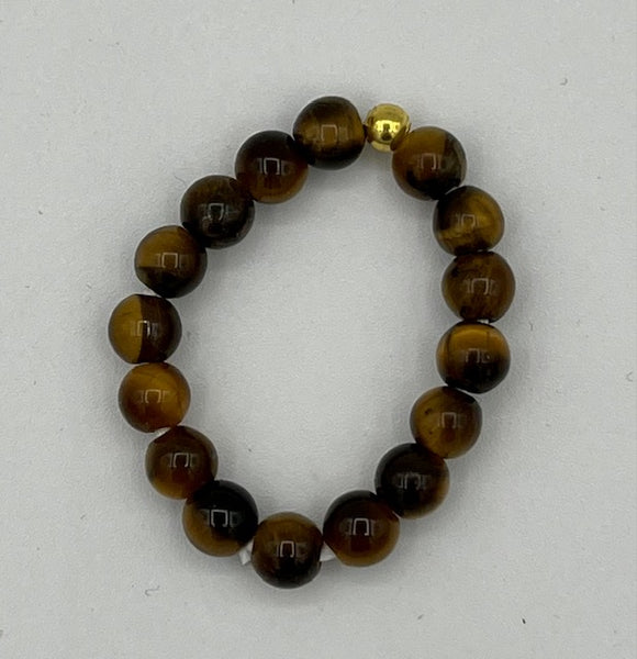 Natural Tiger Eye Gemstone and Gold Tone Accent Beaded Adjustable Stretch Ring