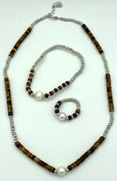 Natural Tiger Eye and Pearl Gemstone Beaded Necklace, Stretch Bracelet and Ring