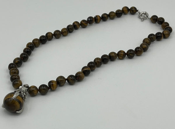 Natural Tiger Eye Gemstone Round Beaded Necklace with Ball Pendant
