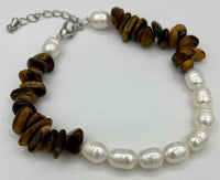 Natural Tiger Eye Gemstone Tumbled and Rice Pearl Beaded Adjustable Bracelet