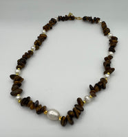 Natural Tiger Eye Gemstone Chips and White Pearl Beaded Adjustable Necklace