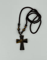 Natural Tiger Eye Gemstone Large Carved Cross Pendant on Cord NecklaceNatural Tiger Eye Gemstone Large Carved Cross Pendant on Cord Necklace