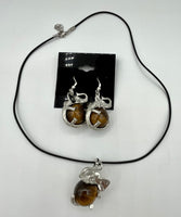 Silvertone Elephant on Natural Tiger Eye Ball Pendant on Cord and Earrings Set