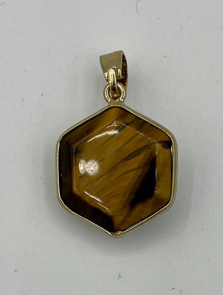 Natural Tiger Eye Gemstone Faceted Freeform Pendant in Gold Tone Setting