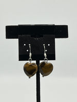 Natural Tiger Eye Gemstone Faceted Heart Beaded Sterling Silver Dangle Earrings