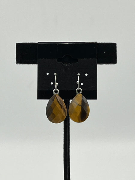 Natural Tiger Eye Gemstone Faceted Teardrop Sterling Silver Dangle Earrings