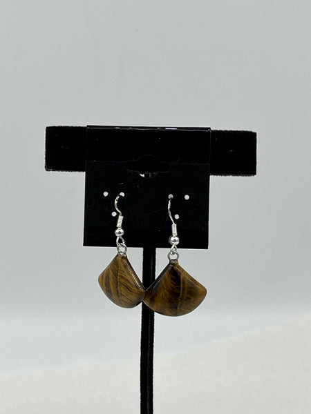 Natural Tiger Eye Gemstone Fan Shaped Sterling Silver Dangle Earrings