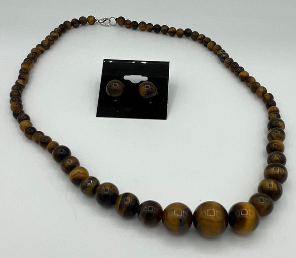 Natural Tiger Eye Gemstone Graduated Round Beaded Necklace and Stud Earrings Set