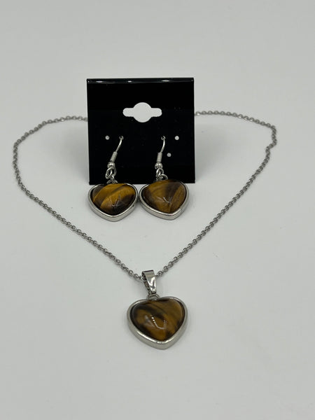 Natural Tiger Eye Gemstone Heart Pendant on Chain Necklace & Dangle Earrings Set