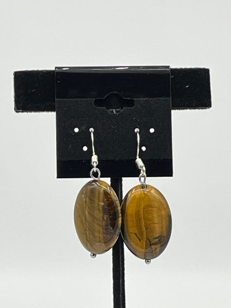 Natural Tiger Eye Gemstone Large Puffed Oval Sterling Silver Dangle Earrings