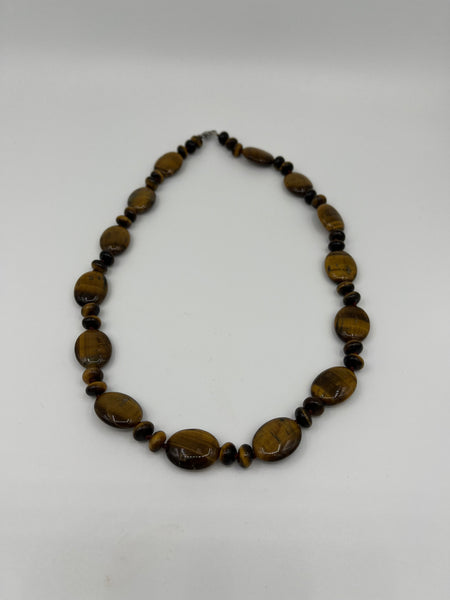 Natural Tiger Eye Gemstone Oval and Rondelle Beaded Necklace