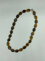 Natural Tiger Eye Gemstone Puffed Oval and Silver Accent Beaded Necklace