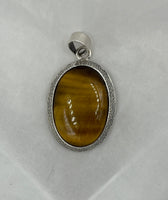 Natural Tiger Eye Gemstone Oval Cabochon Sterling Silver Pendant