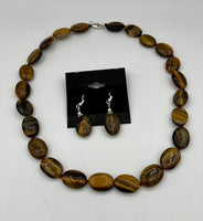 Natural Tiger Eye Gemstone Puffed Oval Beaded Necklace and Dangle Earrings Set