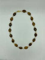Natural Tiger Eye Gemstone Oval and Pearl Beaded Necklace