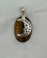 Natural Tiger Eye Gemstone Oval Sterling Silver Moon Face Pendant