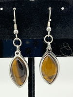 Natural Tiger Eye Gemstone Pointed Oval Stainless Steel Dangle Earrings