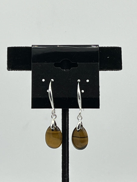 Natural Tiger Eye Gemstone Teardrop Sterling Silver Dangle Earrings