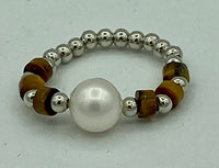 Natural Tiger Eye Gemstone Rondelle and White Pearl Beaded Stretch Ring