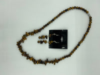 Natural Tiger Eye Gemstone Round and Chip Beaded Necklace and Dangle Earrings