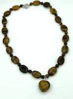 Natural Tiger Eye Gemstone Round and Oval Beaded Necklace with Heart Pendant