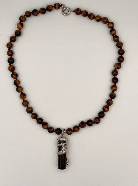 Natural Tiger Eye Gemstone Round Beaded Necklace with Dragon Cylinder Pendant