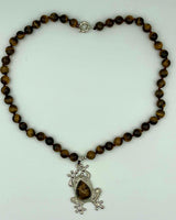Natural Tiger Eye Gemstone Round Beaded Necklace with Frog Pendant