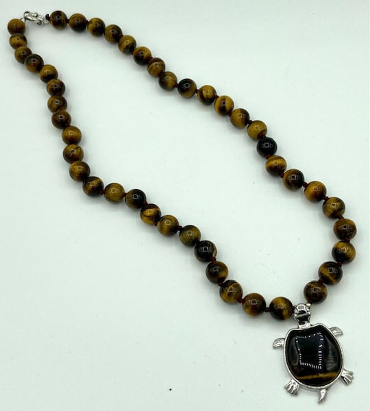 Natural Tiger Eye Gemstone Round Beaded Necklace with Turtle Pendant
