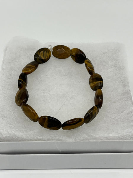 Natural Tiger Eye Gemstone Small Faceted Ovals Beaded Stretch Bracelet