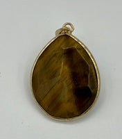 Natural Tiger Eye Gemstone Faceted Teardrop Pendant in Gold Tone Setting