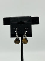 Natural Tiger Eye Gemstone Teardrop Beaded Sterling Silver Dangle Earrings
