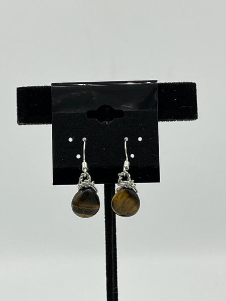 Natural Tiger Eye Gemstone Teardrop Beaded Sterling Silver Dangle Earrings