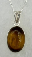 Natural Tiger Eye Gemstone Dainty Oval Cabochon Sterling Silver Pendant on Chain