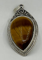 Natural Tiger Eye Gemstone Teardrop On Silvertone Pointed Oval Pendant